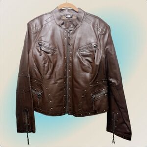 Pam McCoy Chocolate Brown Moto Style Studded Leather Jacket